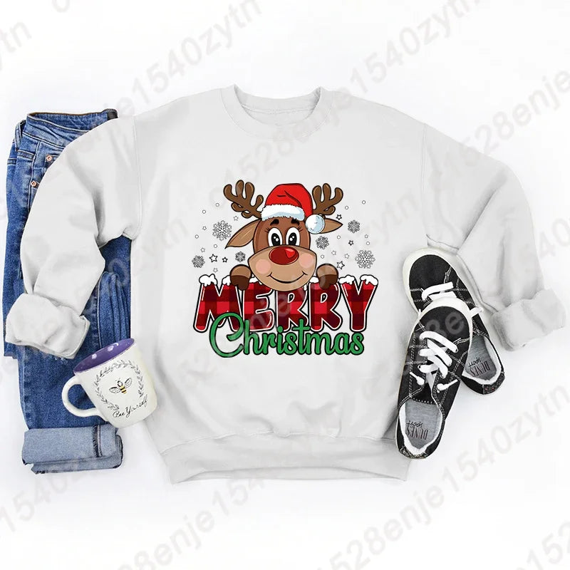 LVSANW Women's Festive Christmas Reindeer & Plaid Graphic Sweatshirt Casual Loose Fit Long Sleeve Crew Neck Sweatshirts for Winter