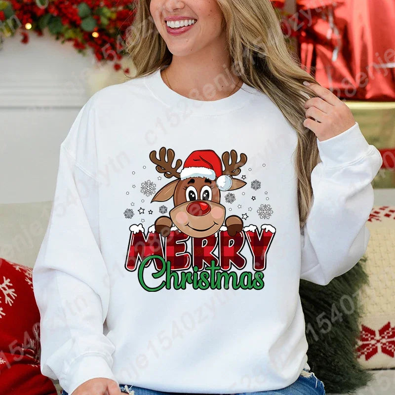 LVSANW Women's Festive Christmas Reindeer & Plaid Graphic Sweatshirt Casual Loose Fit Long Sleeve Crew Neck Sweatshirts for Winter