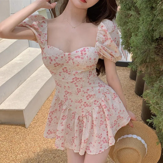 LVSANW Women's Floral Dress French Style Ruffled Puff Sleeve Square Neck High Waist Casual Summer Short Chiffon Dress