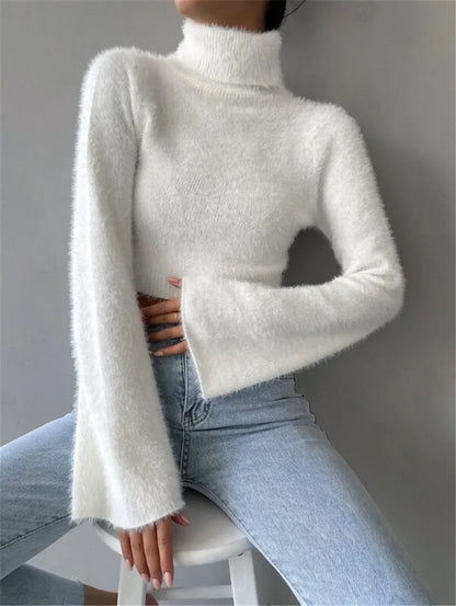 LVSANW Women's High Neck Crop Open Belly Button Sweater Autumn Flared Long Sleeves White Temperament Woman Fashion Casual Pullover