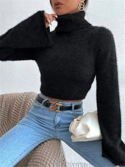 LVSANW Women's High Neck Crop Open Belly Button Sweater Autumn Flared Long Sleeves White Temperament Woman Fashion Casual Pullover