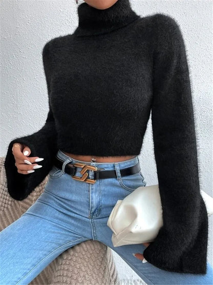 LVSANW Women's High Neck Crop Open Belly Button Sweater Autumn Flared Long Sleeves White Temperament Woman Fashion Casual Pullover