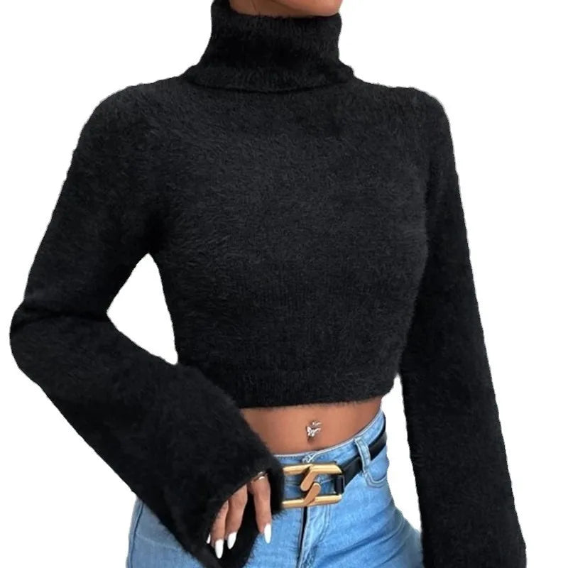 LVSANW Women's High Neck Crop Open Belly Button Sweater Autumn Flared Long Sleeves White Temperament Woman Fashion Casual Pullover