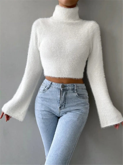 LVSANW Women's High Neck Crop Open Belly Button Sweater Autumn Flared Long Sleeves White Temperament Woman Fashion Casual Pullover