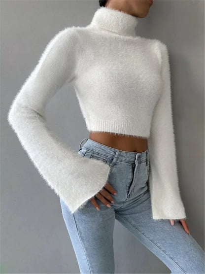 LVSANW Women's High Neck Crop Open Belly Button Sweater Autumn Flared Long Sleeves White Temperament Woman Fashion Casual Pullover