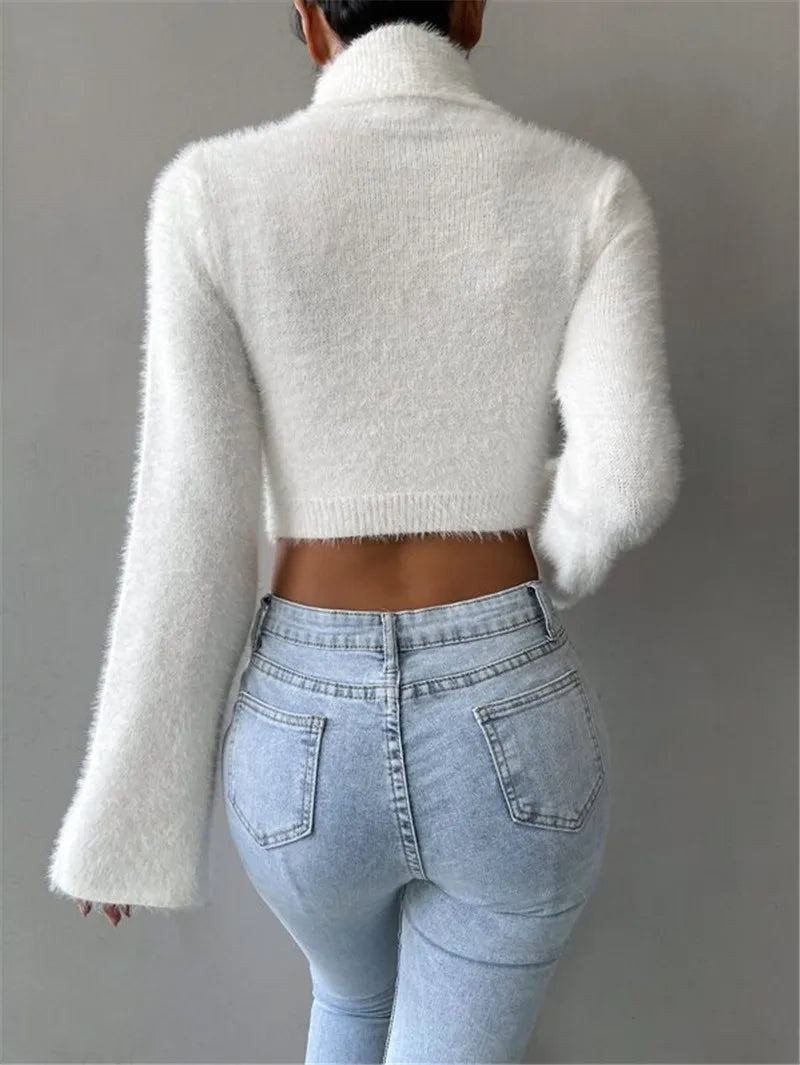 LVSANW Women's High Neck Crop Open Belly Button Sweater Autumn Flared Long Sleeves White Temperament Woman Fashion Casual Pullover