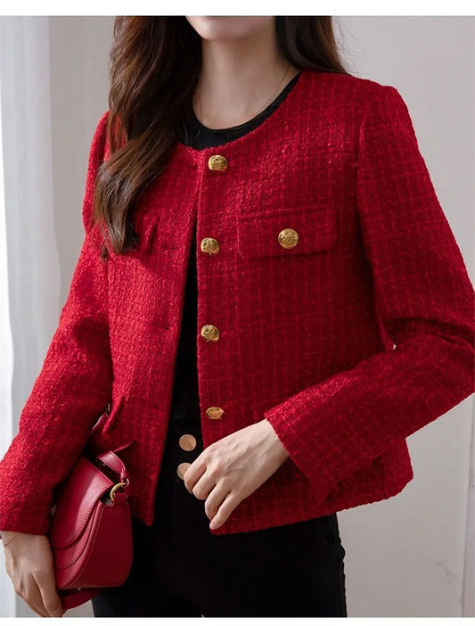 LVSANW Women's Jacket 2024 Spring Autumn New Red Tweed Small Fragrance Coat Short Blazers Korean Fashion Elegant Female Tops Outerwear