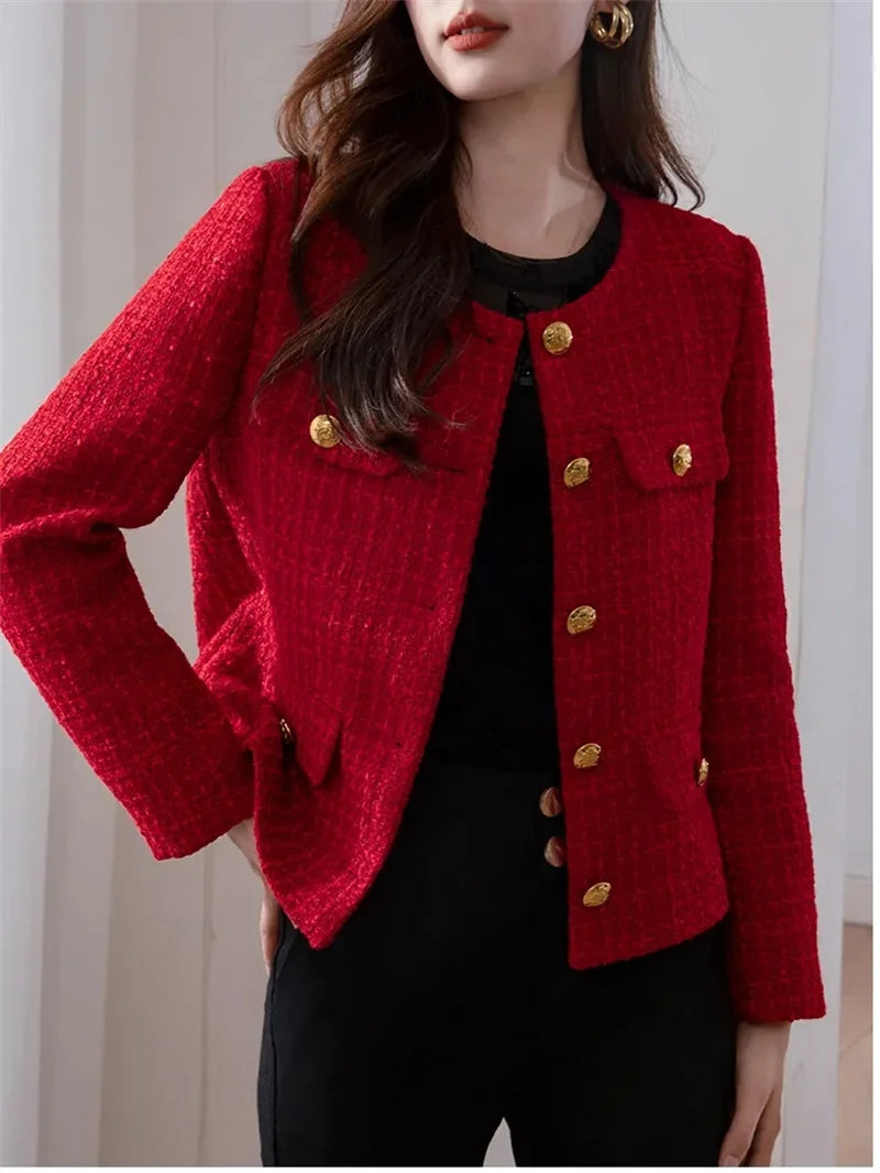 LVSANW Women's Jacket 2024 Spring Autumn New Red Tweed Small Fragrance Coat Short Blazers Korean Fashion Elegant Female Tops Outerwear