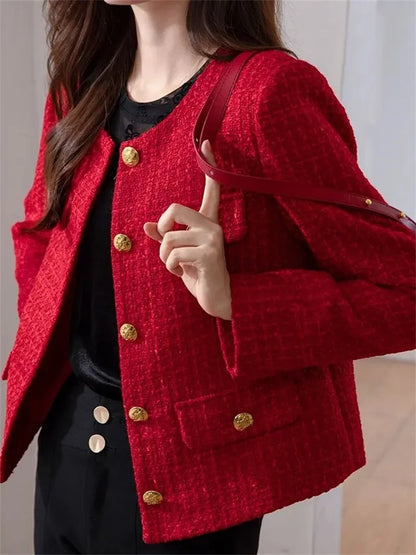 LVSANW Women's Jacket 2024 Spring Autumn New Red Tweed Small Fragrance Coat Short Blazers Korean Fashion Elegant Female Tops Outerwear