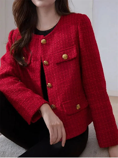 LVSANW Women's Jacket 2024 Spring Autumn New Red Tweed Small Fragrance Coat Short Blazers Korean Fashion Elegant Female Tops Outerwear