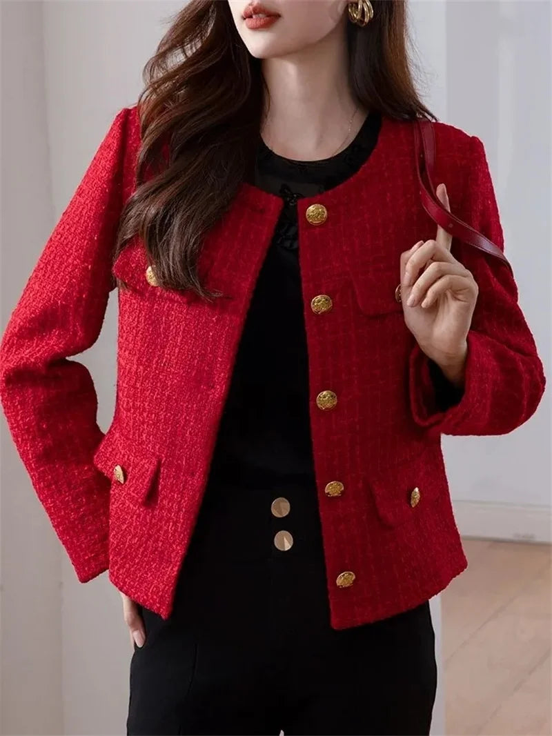 LVSANW Women's Jacket 2024 Spring Autumn New Red Tweed Small Fragrance Coat Short Blazers Korean Fashion Elegant Female Tops Outerwear