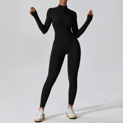 LVSANW Women's Jumpsuits One-Piece Suit Zipper Long Sleeved Yoga Set Gym Push Up Workout Clothes Fitness Bodysuit Sportswear Tracksuit