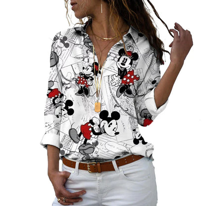 LVSANW Women's Lapel Long Sleeve Slim Shirt Disney Minnie Mouse T-Shirt Spring Autumn Ladies Single Breasted Streetwear Tops 2023