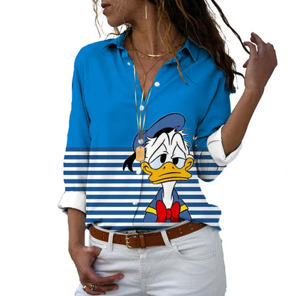 LVSANW Women's Lapel Long Sleeve Slim Shirt Disney Minnie Mouse T-Shirt Spring Autumn Ladies Single Breasted Streetwear Tops 2023