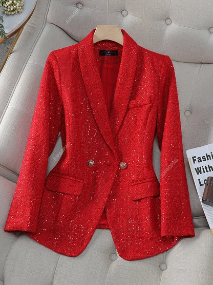 LVSANW Women's Long Sleeve Plaid Blazer, Ladies' Casual Jacket, Single Breasted, Button Decoration, Red, Navy, Autumn, Winter