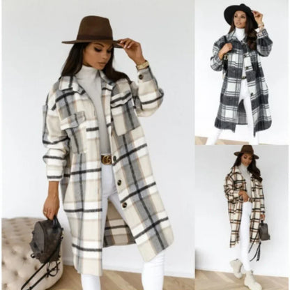 LVSANW Women's Long Sleeve Plaid Print Wool Blend Coat Autumn Winter Fashion Outerwear Mid Length Trendy Women's Clothing