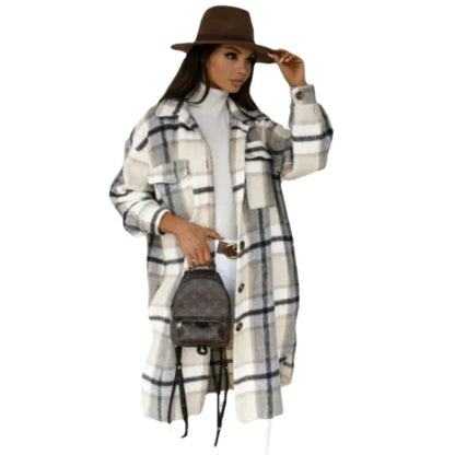 LVSANW Women's Long Sleeve Plaid Print Wool Blend Coat Autumn Winter Fashion Outerwear Mid Length Trendy Women's Clothing