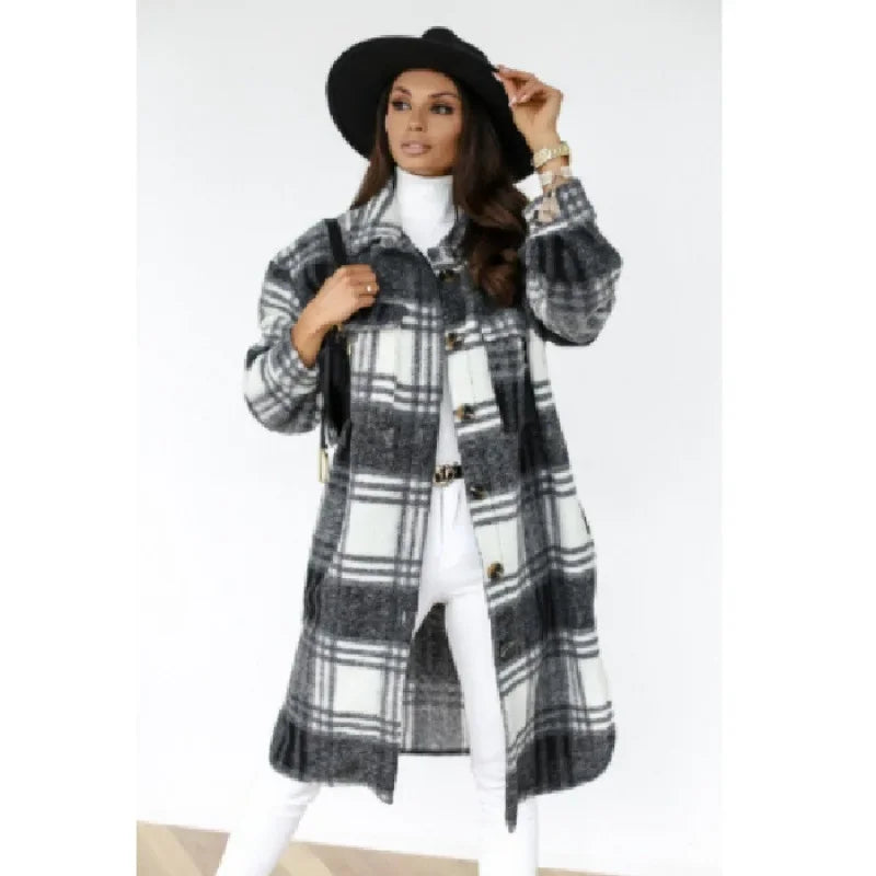 LVSANW Women's Long Sleeve Plaid Print Wool Blend Coat Autumn Winter Fashion Outerwear Mid Length Trendy Women's Clothing