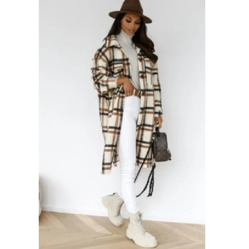 LVSANW Women's Long Sleeve Plaid Print Wool Blend Coat Autumn Winter Fashion Outerwear Mid Length Trendy Women's Clothing