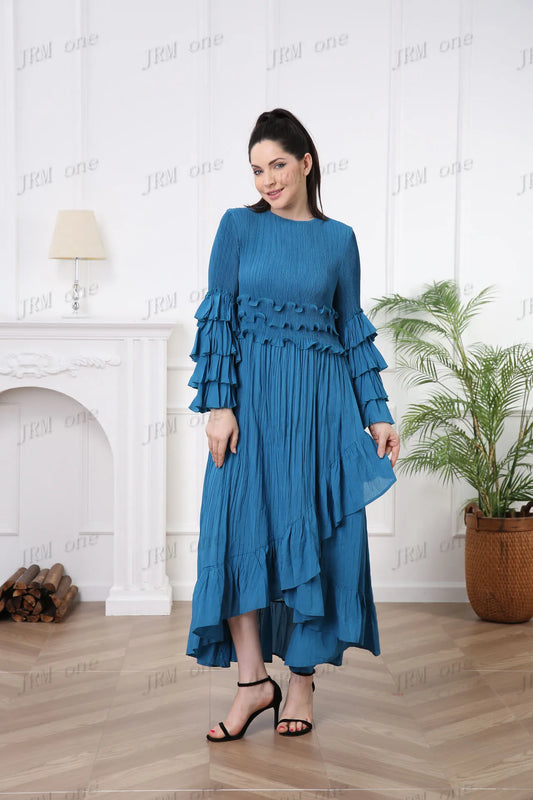 LVSANW Women's Long Sleeve Ruffle Dress Boho Pleated Casual Elegant Luxury Ladies Latest 2024 Modest Church Dress Vestidos Para Mujer