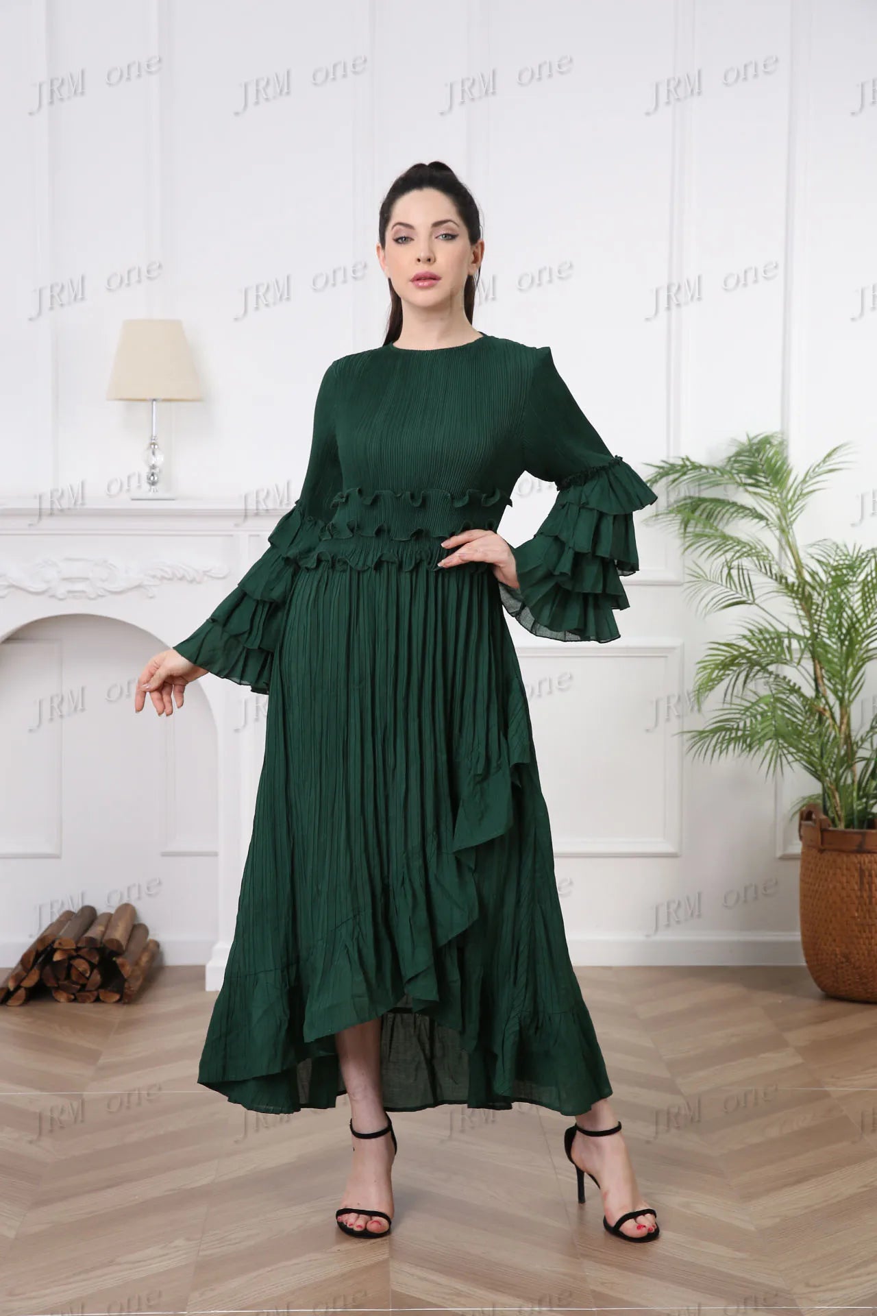 LVSANW Women's Long Sleeve Ruffle Dress Boho Pleated Casual Elegant Luxury Ladies Latest 2024 Modest Church Dress Vestidos Para Mujer