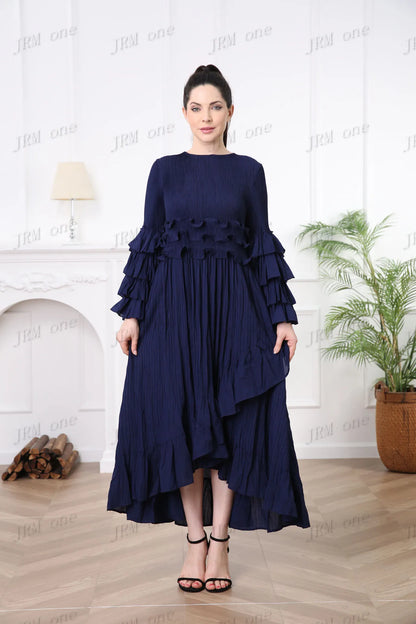 LVSANW Women's Long Sleeve Ruffle Dress Boho Pleated Casual Elegant Luxury Ladies Latest 2024 Modest Church Dress Vestidos Para Mujer