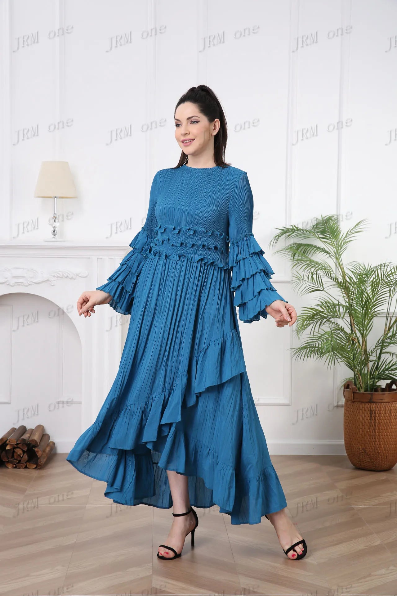 LVSANW Women's Long Sleeve Ruffle Dress Boho Pleated Casual Elegant Luxury Ladies Latest 2024 Modest Church Dress Vestidos Para Mujer