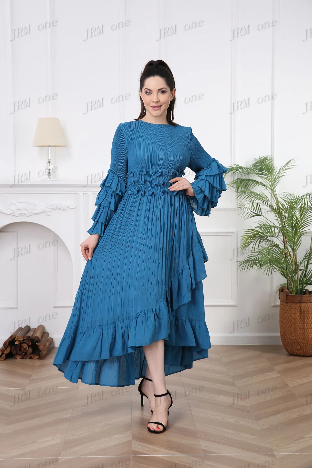 LVSANW Women's Long Sleeve Ruffle Dress Boho Pleated Casual Elegant Luxury Ladies Latest 2024 Modest Church Dress Vestidos Para Mujer