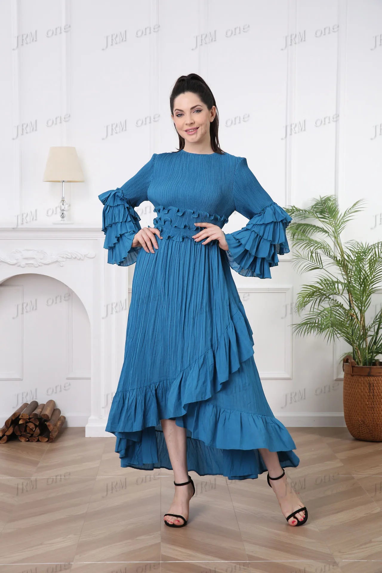 LVSANW Women's Long Sleeve Ruffle Dress Boho Pleated Casual Elegant Luxury Ladies Latest 2024 Modest Church Dress Vestidos Para Mujer