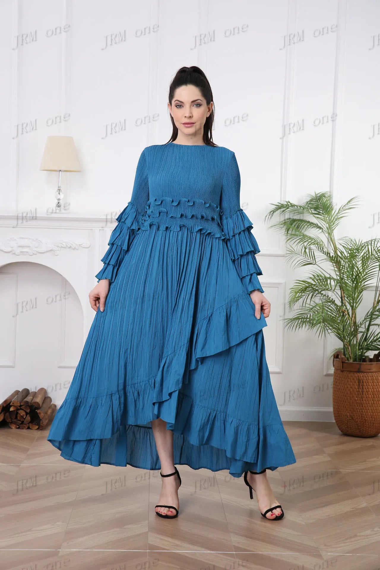 LVSANW Women's Long Sleeve Ruffle Dress Boho Pleated Casual Elegant Luxury Ladies Latest 2024 Modest Church Dress Vestidos Para Mujer