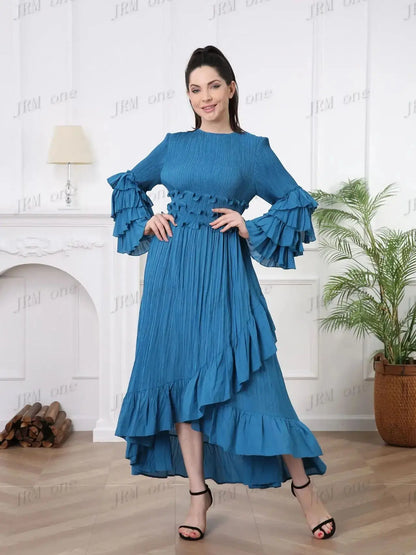 LVSANW Women's Long Sleeve Ruffle Dress Boho Pleated Casual Elegant Luxury Ladies Latest 2024 Modest Church Dress Vestidos Para Mujer