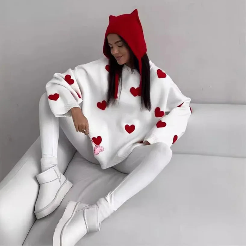 LVSANW Women's Long Sleeved Heart-shaped Sweater Embroidered Loose Knit Sweater Autumn 2025