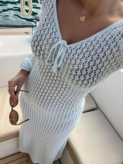 LVSANW Women's Long Slim Fit Dress Long Sleeve V Neck Tie Up Knitted Crochet Beach Dresses