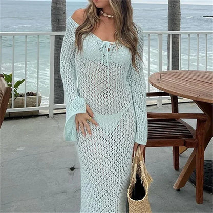 LVSANW Women's Long Slim Fit Dress Long Sleeve V Neck Tie Up Knitted Crochet Beach Dresses