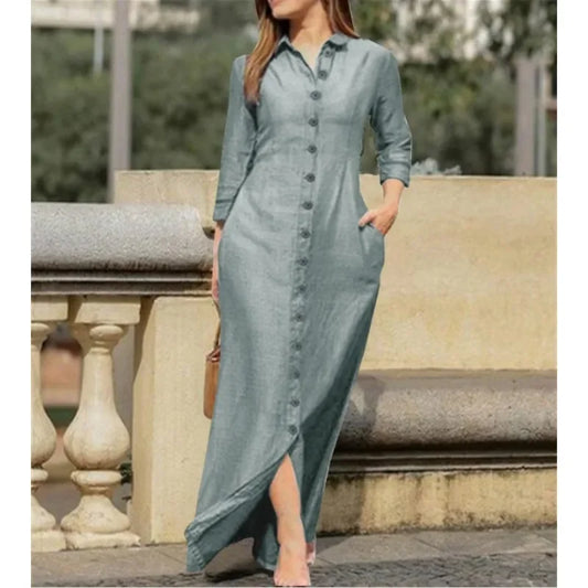 LVSANW Women's Loose Casual Lapel Solid Color Long Dress Elegant Long Sleeved Button Up Loose Long Dress