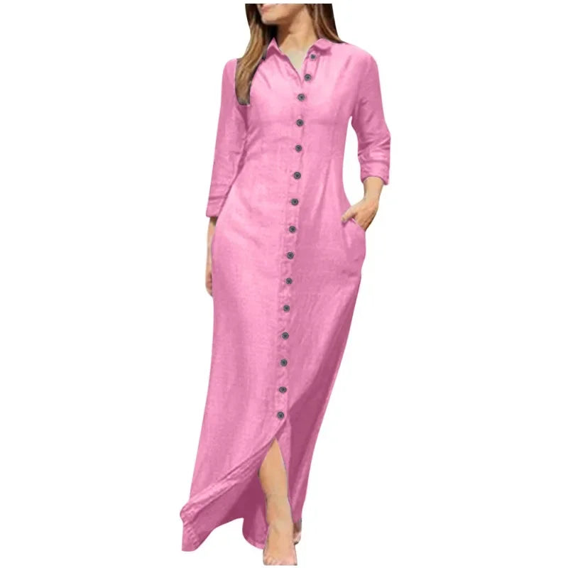 LVSANW Women's Loose Casual Lapel Solid Color Long Dress Elegant Long Sleeved Button Up Loose Long Dress