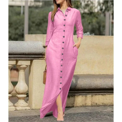 LVSANW Women's Loose Casual Lapel Solid Color Long Dress Elegant Long Sleeved Button Up Loose Long Dress