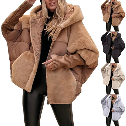 LVSANW Women's Loose Cotton Coat Faux Fur Patchwork Winter Coat Comfort Chic Long Sleeve Hooded Jacket Female Outwear Overcoat