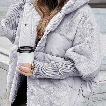 LVSANW Women's Loose Cotton Coat Faux Fur Patchwork Winter Coat Comfort Chic Long Sleeve Hooded Jacket Female Outwear Overcoat