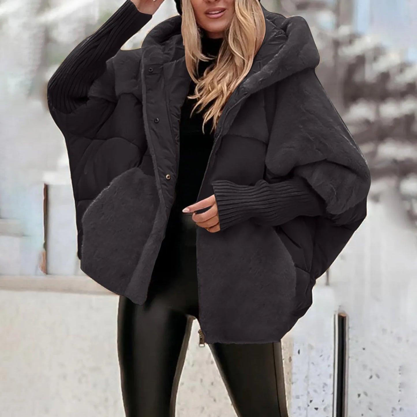 LVSANW Women's Loose Cotton Coat Faux Fur Patchwork Winter Coat Comfort Chic Long Sleeve Hooded Jacket Female Outwear Overcoat