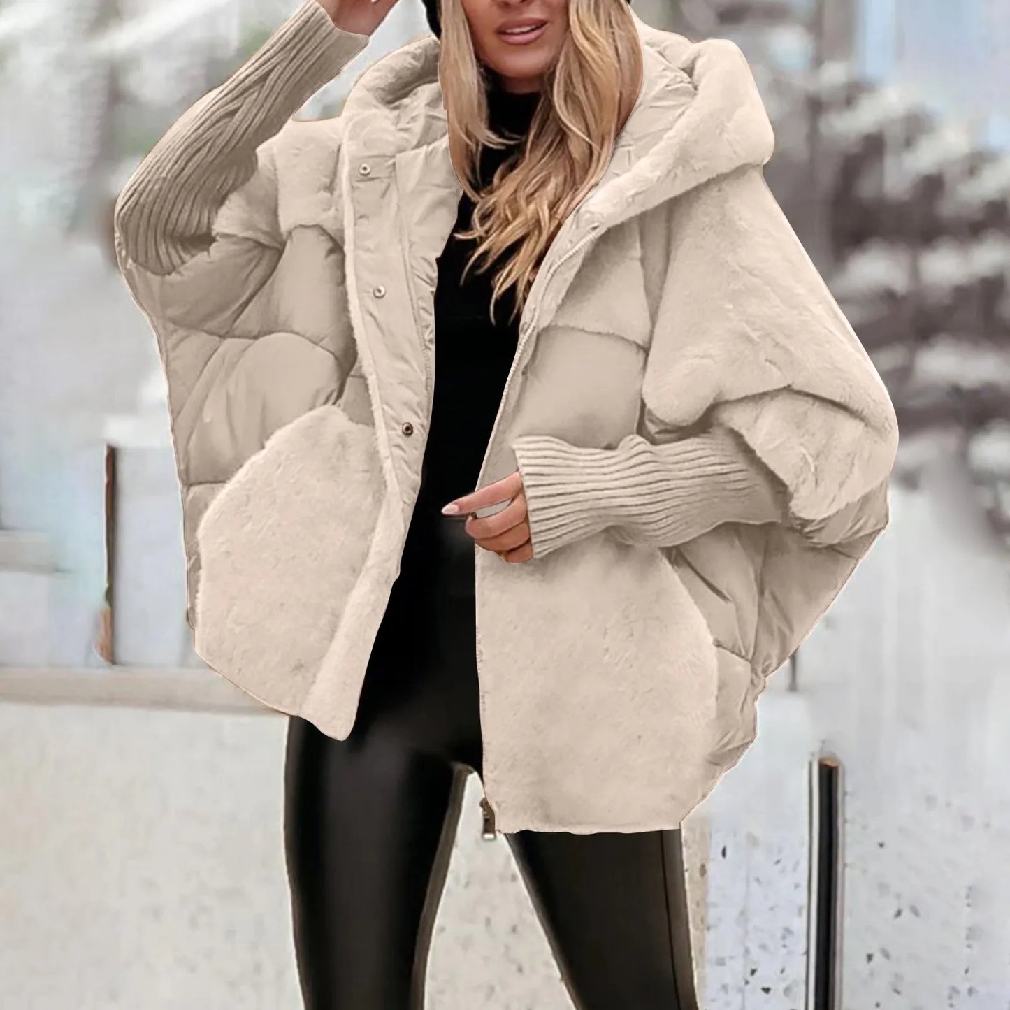 LVSANW Women's Loose Cotton Coat Faux Fur Patchwork Winter Coat Comfort Chic Long Sleeve Hooded Jacket Female Outwear Overcoat