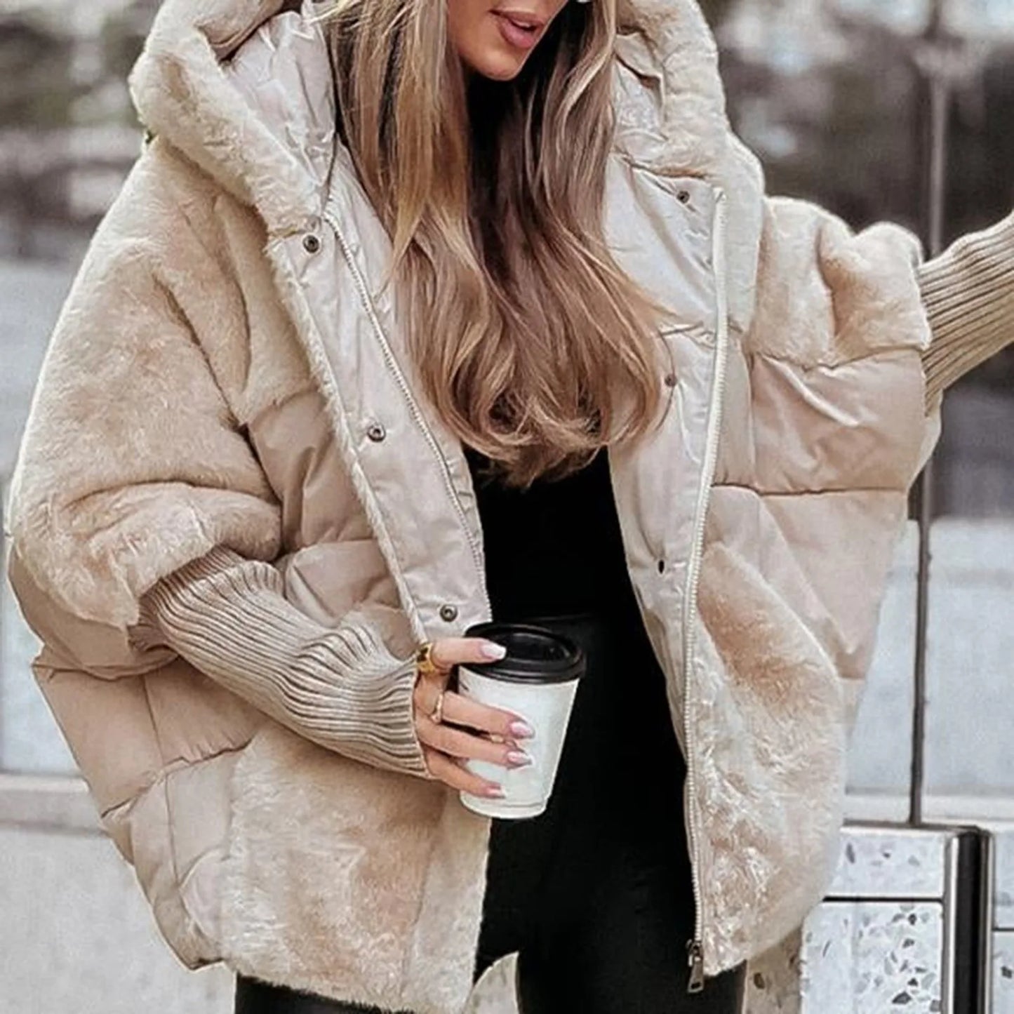 LVSANW Women's Loose Cotton Coat Faux Fur Patchwork Winter Coat Comfort Chic Long Sleeve Hooded Jacket Female Outwear Overcoat