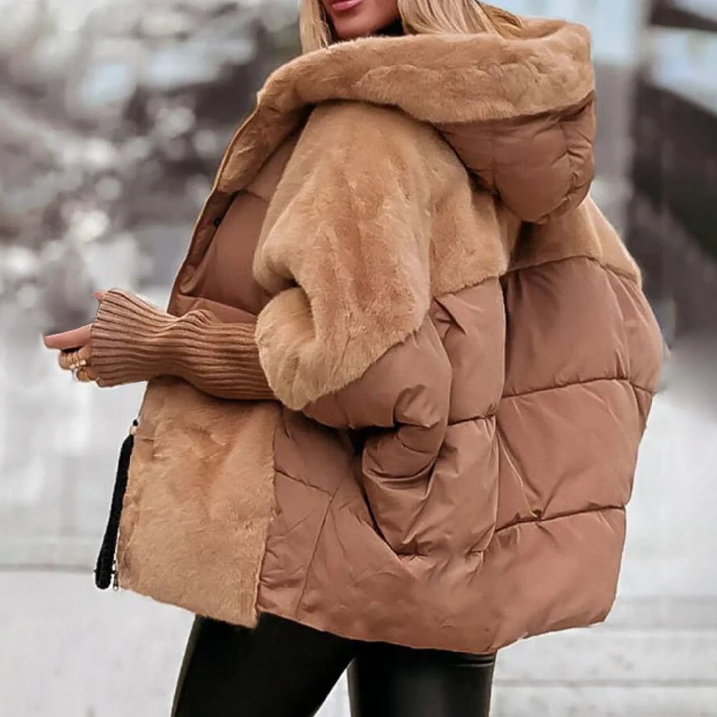 LVSANW Women's Loose Cotton Coat Faux Fur Patchwork Winter Coat Comfort Chic Long Sleeve Hooded Jacket Female Outwear Overcoat