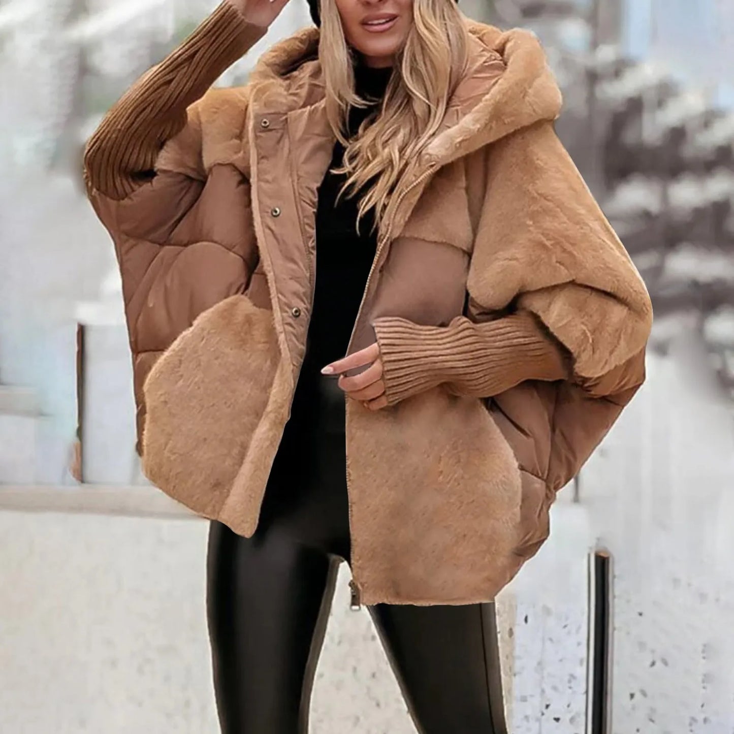 LVSANW Women's Loose Cotton Coat Faux Fur Patchwork Winter Coat Comfort Chic Long Sleeve Hooded Jacket Female Outwear Overcoat