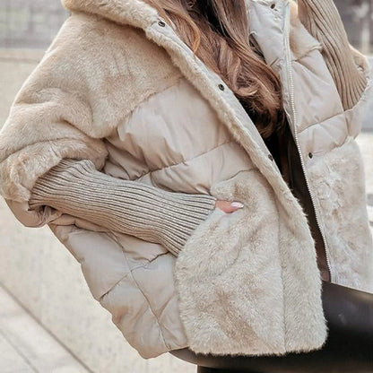 LVSANW Women's Loose Cotton Coat Faux Fur Patchwork Winter Coat Comfort Chic Long Sleeve Hooded Jacket Female Outwear Overcoat