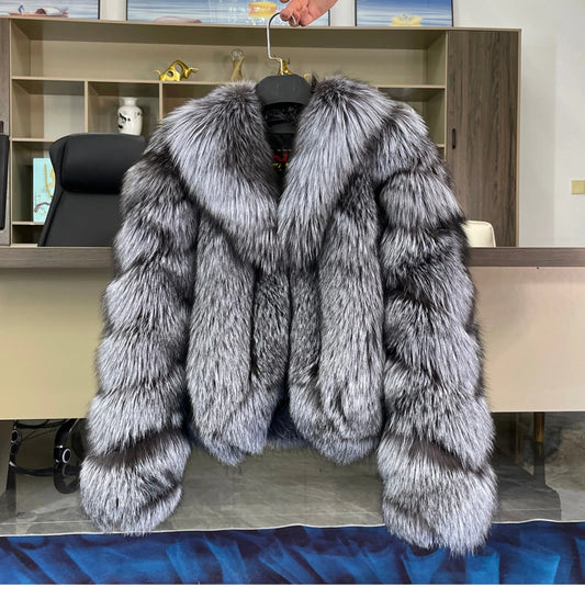 LVSANW Women's Luxury Natural Fox Fur Jacket Long Turn-Down Collar Real Fox Fur Jacket Turn-down Collar Luxury