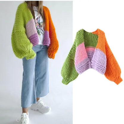 LVSANW Women's Multicolor Matching Sweater V-neck Cardigan Knitted Coat Autumn