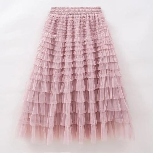 LVSANW Women’s Multilayer Ruffles Tulle Skirt Pleated High Waist Fluffy Maxi Skirt Fairy Cake Dress Long Tutu Party Layered Skirt