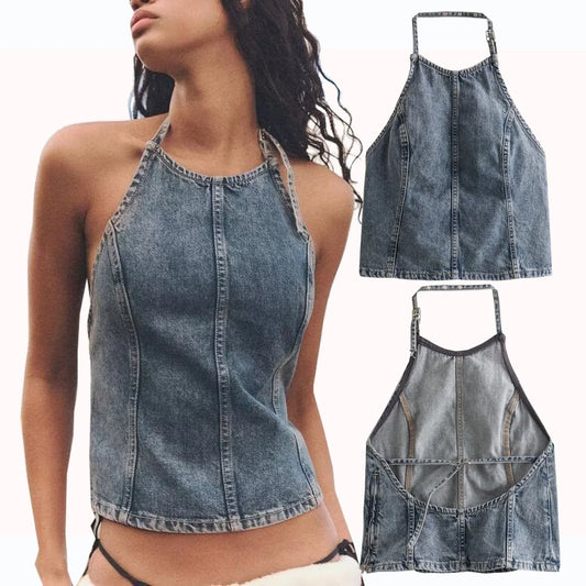 LVSANW Women's New Hanging Neck Sleeveless Top with Open Back Lace up Sexy Fashion Style Denim Sling Top