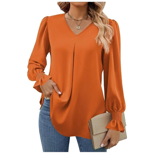 LVSANW Women's New Solid Color Chiffon Shirt V-neck Pullover Flared Long Sleeved Shirt Pleated Orange Comfortable Casual Versatile Top